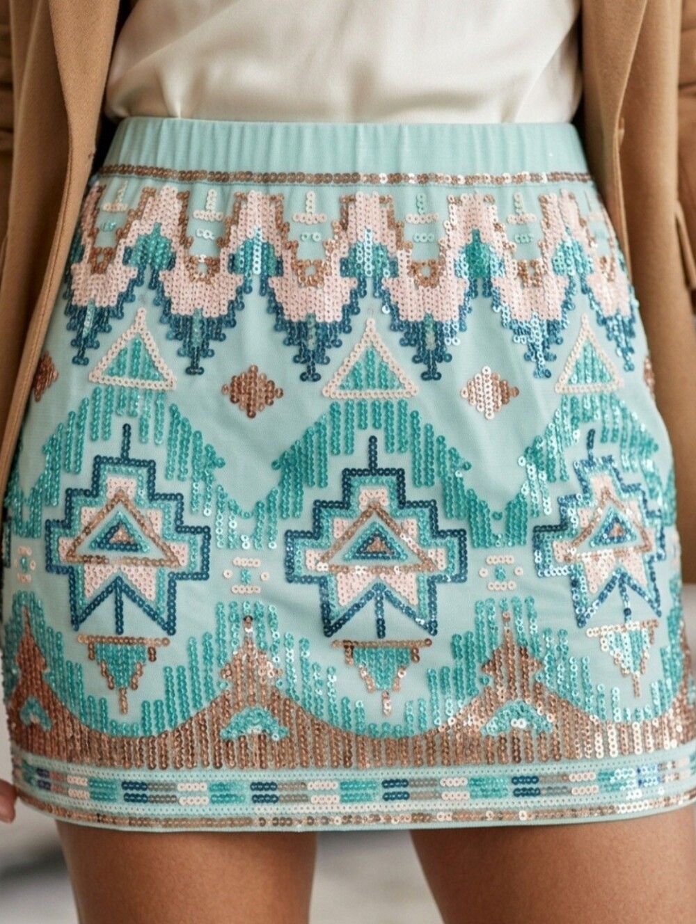English Rose Southwestern Sequin Mini Skirt Geometric Tribal Mint Green Sz S